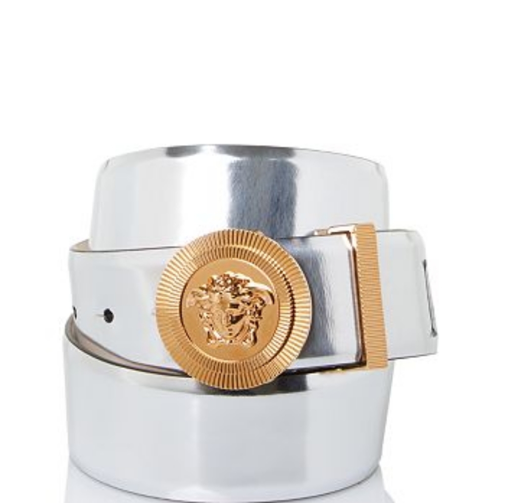 Mens VERSACE Biggie Medusa Laminated Leather Belt Silver